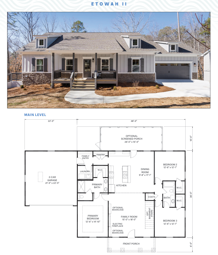 The Etowah floor plan &mdash; elevation and main-floor layout