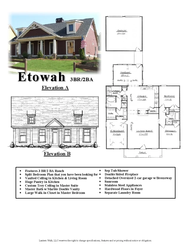 The Etowah original plan sheet &mdash; Elevation A photo, Elevation B line drawing, and first floor plan diagram