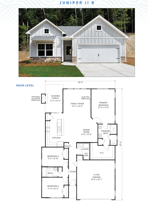 The Juniper floor plan, Elevation B &mdash; elevation and main-floor layout