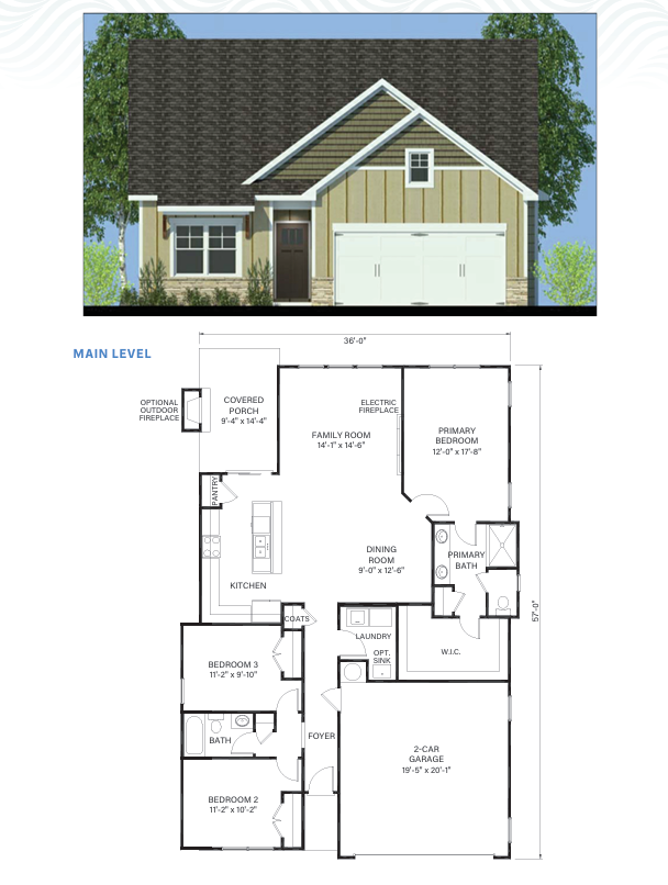 The Juniper floor plan, Elevation A &mdash; elevation and main-floor layout
