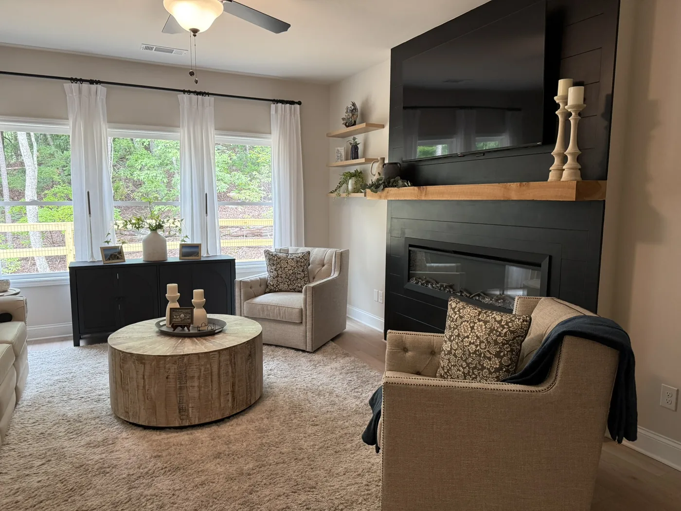 The Juniper, Lake Craftsman in Lake Arrowhead, Waleska, GA, living room and fireplace