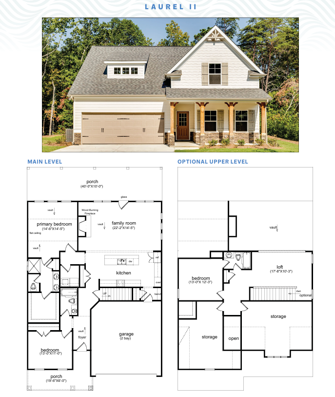 The Laurel floor plan &mdash; elevation and main-floor layout