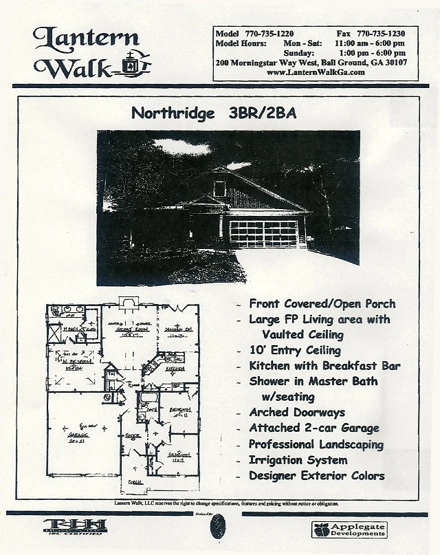 The Northridge original plan sheet &mdash; elevation, floor plan diagram, and feature list