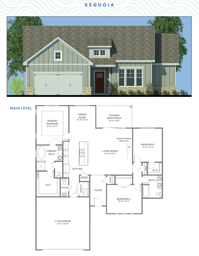 The Sequoia floor plan &mdash; elevation and main-floor layout